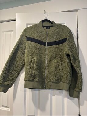 Olive Green Sherpa Bomber Jacket with Contrast Chest Stripe